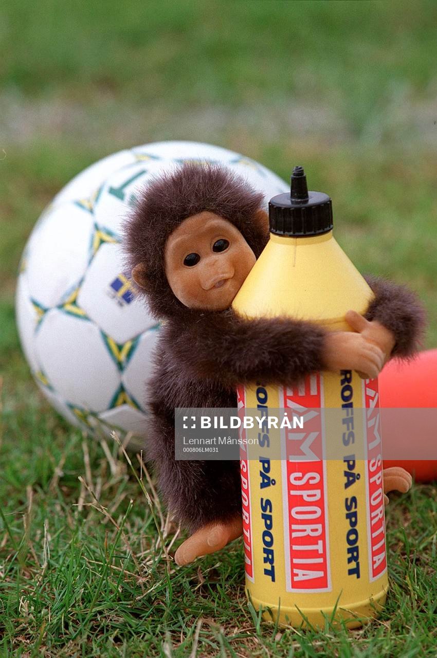 En maskot som hjälper till att hålla en vattenflaska.