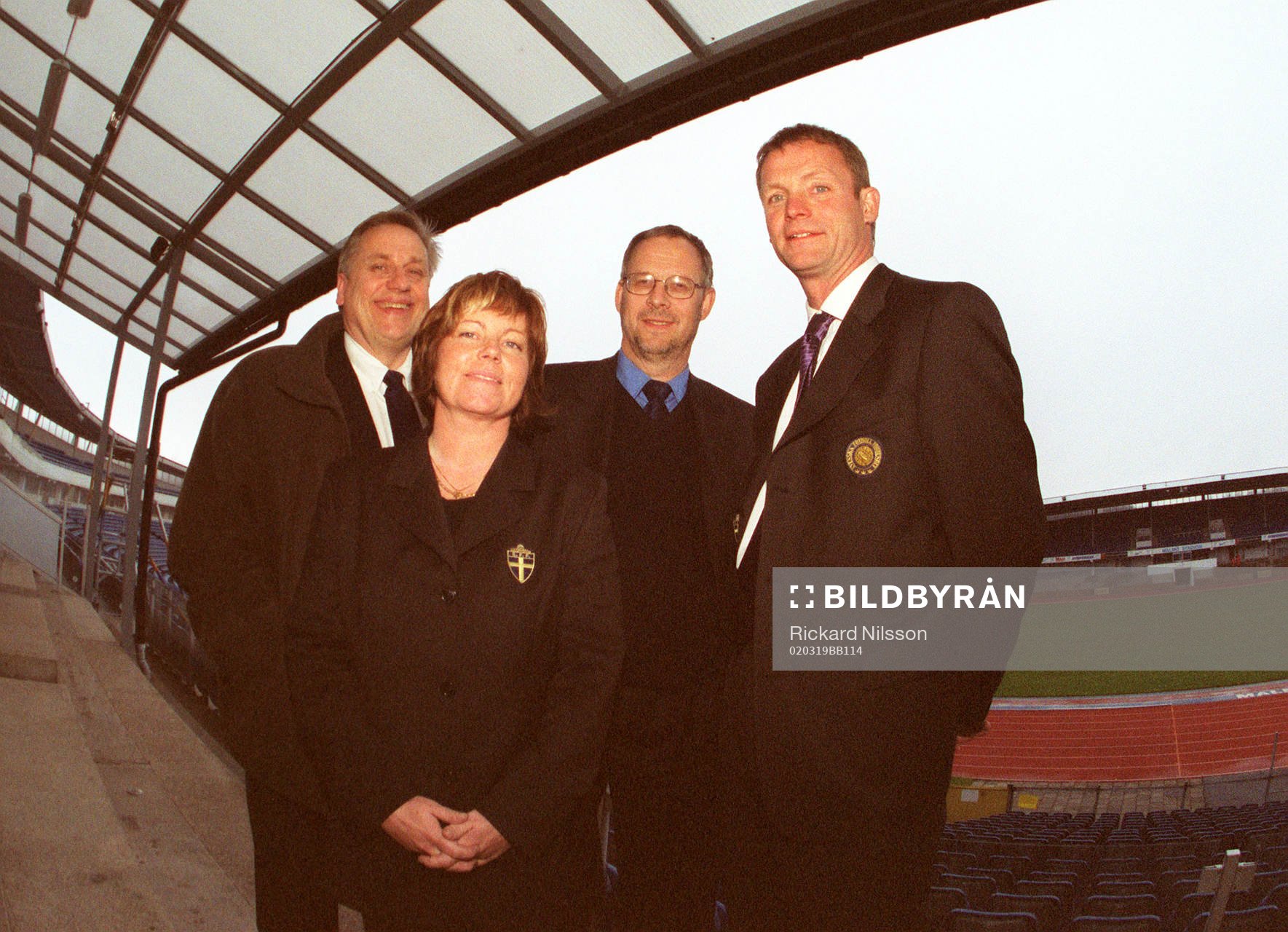  Sveriges fyra förbundskaptener, Tommy Söderberg (A-laget), Marika Domanski-Lyfors (Dam-laget), Lars Lagerbäck (A-laget) och Torbjörn Nilsson (U-21) på Malmö Stadion.