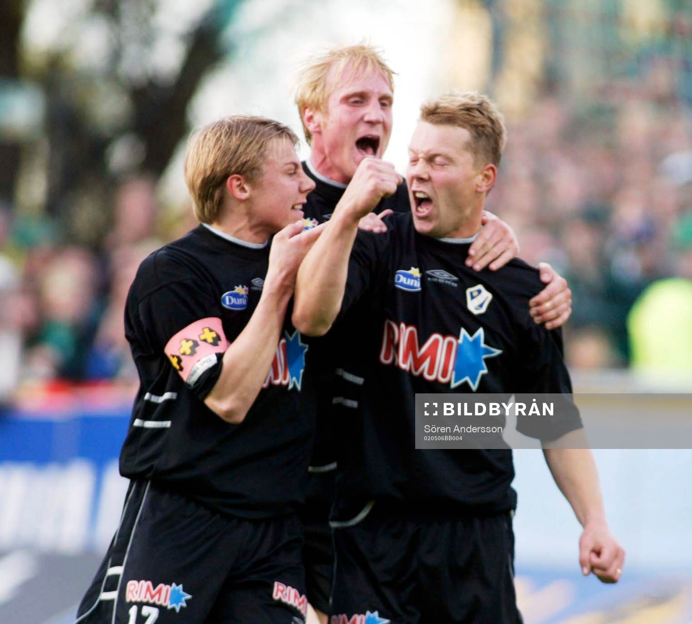 Fotboll, Allsvenskan, Hammarby - Halmstad: Patrik Ingelsten, Petter Hansson och Robert Andersson, Halmstad jublar