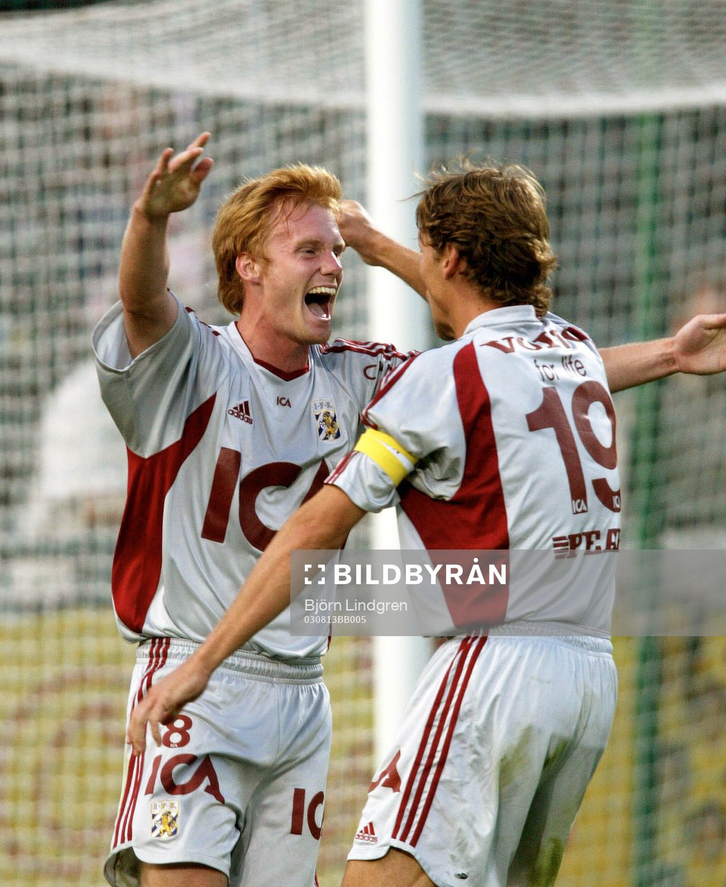 Fotboll, Allsvenskan, Helsingborg - Göteborg: Patric Andersson och Magnus Erlingmark, Göteborg jublar efter 0-1