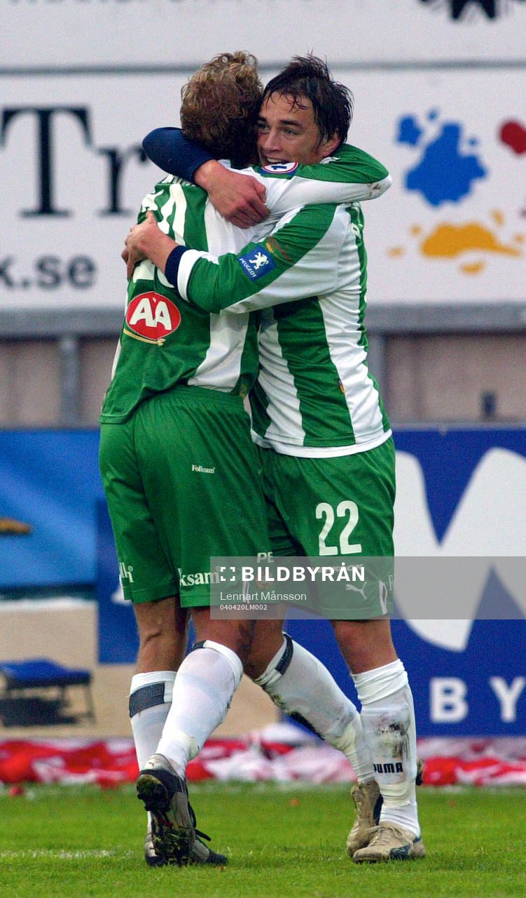 Fotboll, Allsvenskan, Kalmar - Hammarby: Erik Johansson och Petter Andersson, Hammarby jublar efter Eriks nickmål