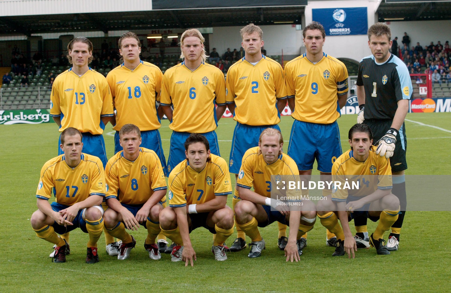 Fotboll, U21, EM, Sverige, lagbild. Bakre raden fr v; Jon