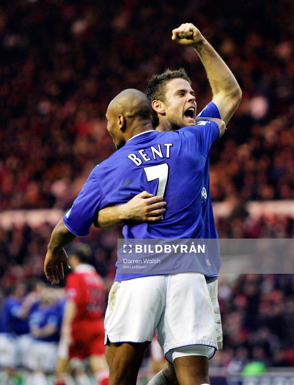 James Beattie jubel med Tim Cahill, Everton och Marcus Bent