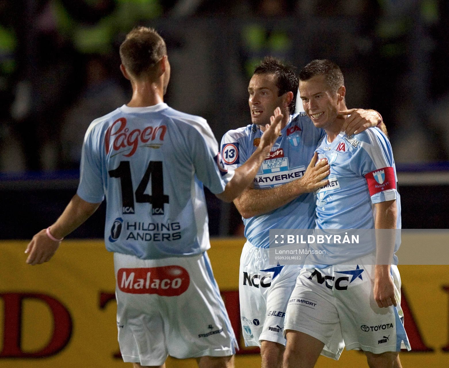 Fotboll, Allsvenskan, Malmö FF - Helsingborg: Hans Mattisson, Daniel Andersson och Jon Inge Höiland, Malmö (Jubel)