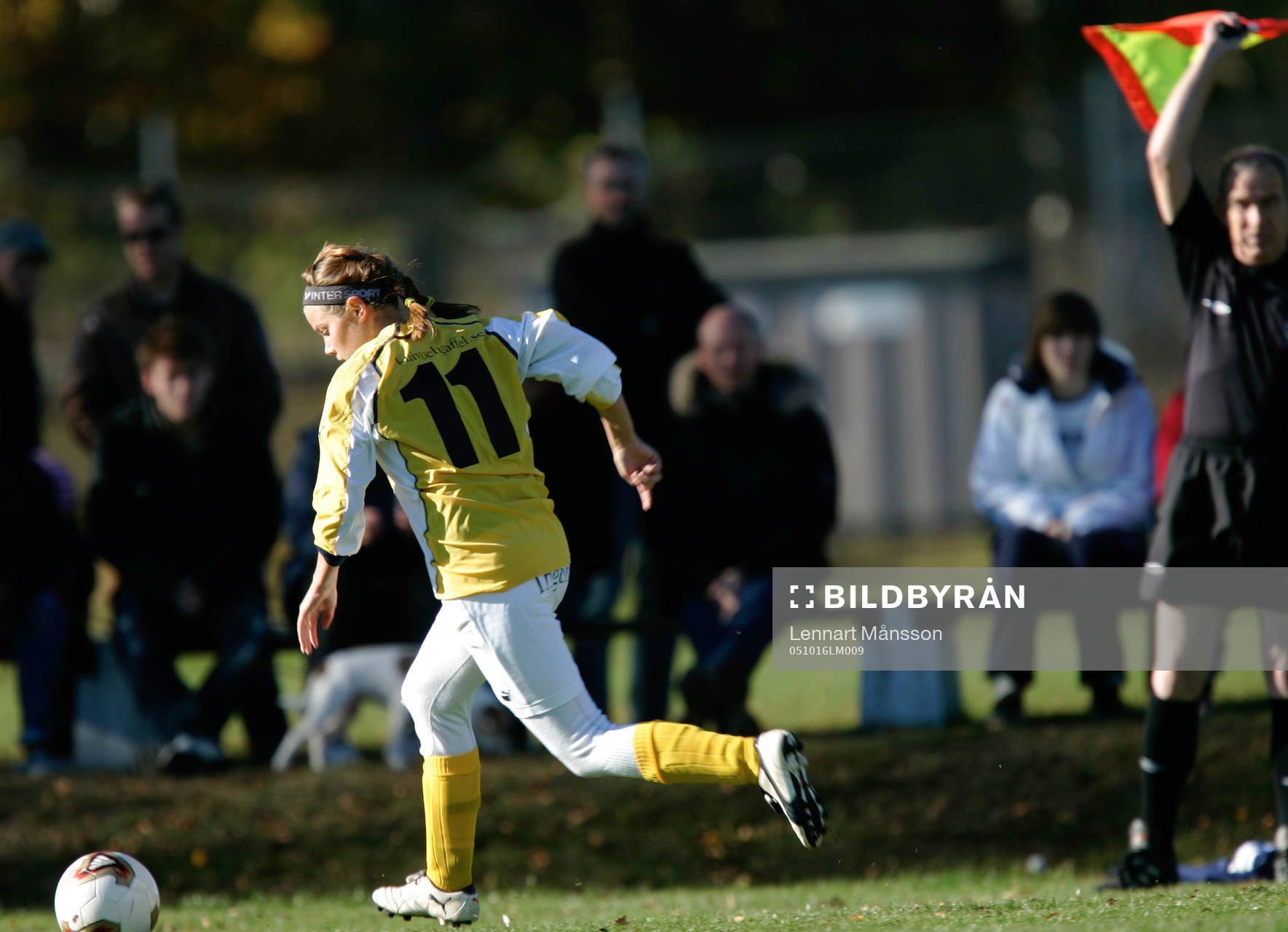 Offside, assisterande domaren vinkar för off side