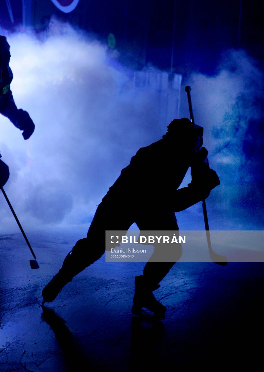 Presentation, rök, motljus, redhawks, ishockey spelare