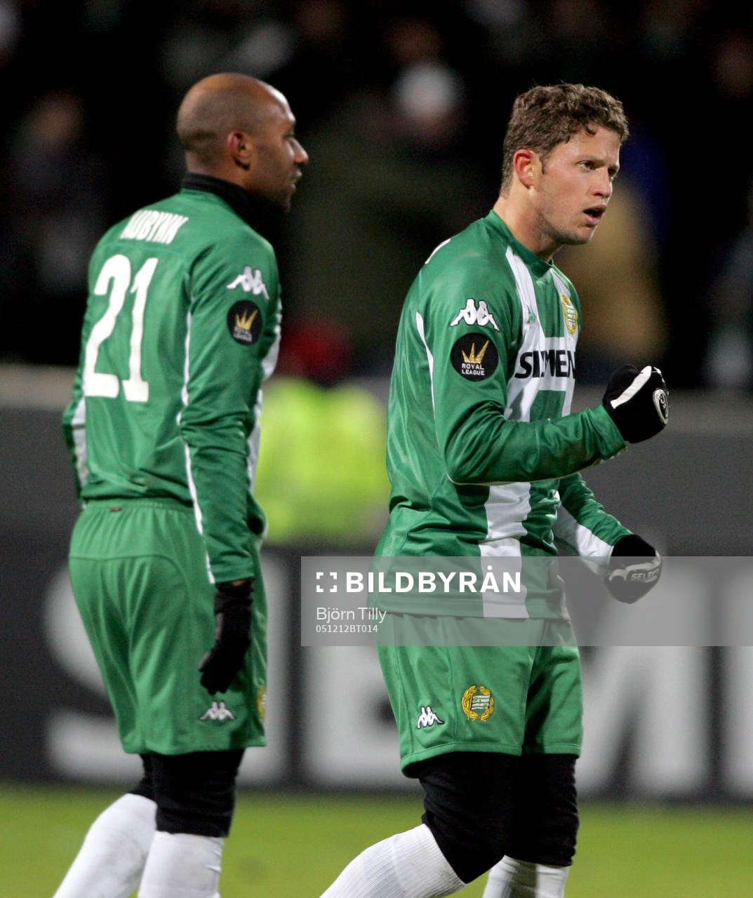 Fotboll, Royal League, Hammarby - Midtjylland: Paulinho Guára, jublar med Jeffrey Aubynn efter 2-2