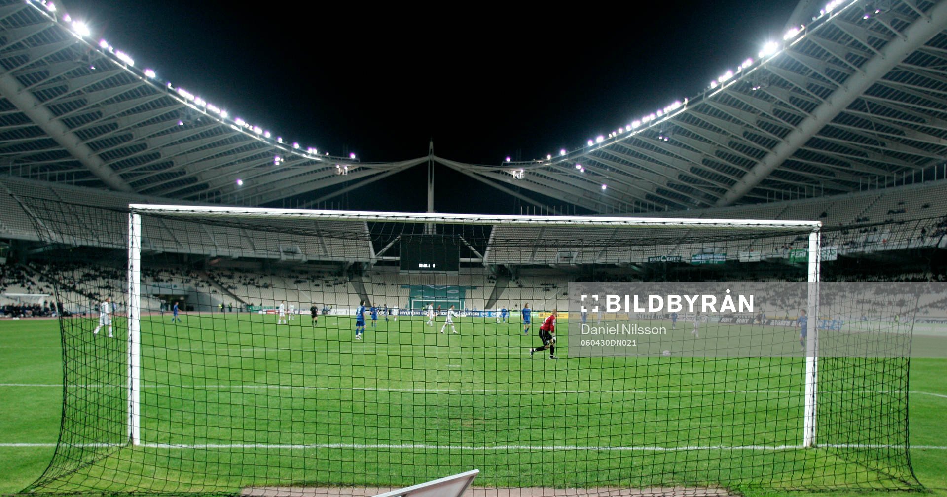 Mål, målbur, nät, fotbollsplan, Olympiastadion i Aten