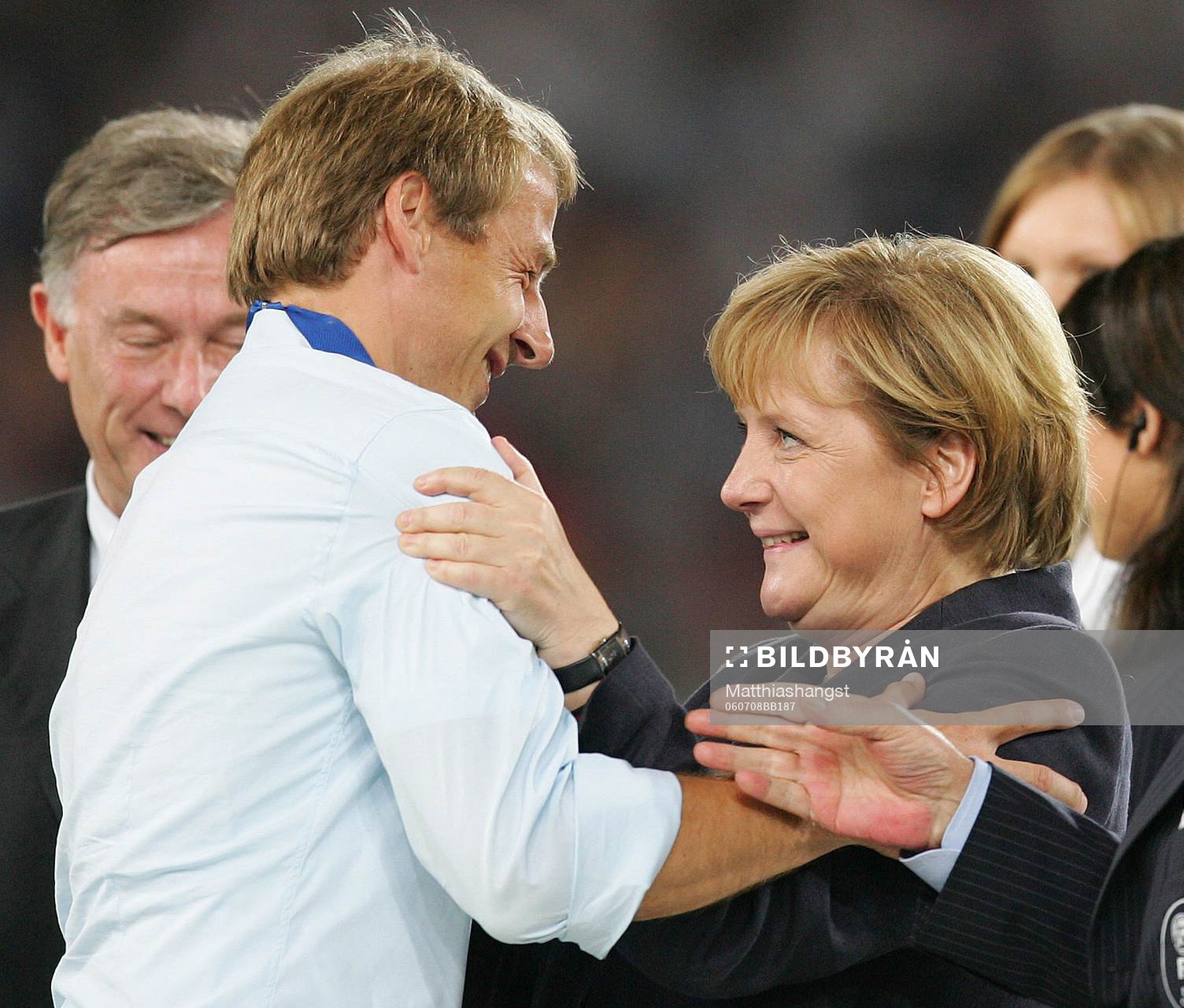 Jürgen Klinsmann, förbundskapten och Angela Merkel,