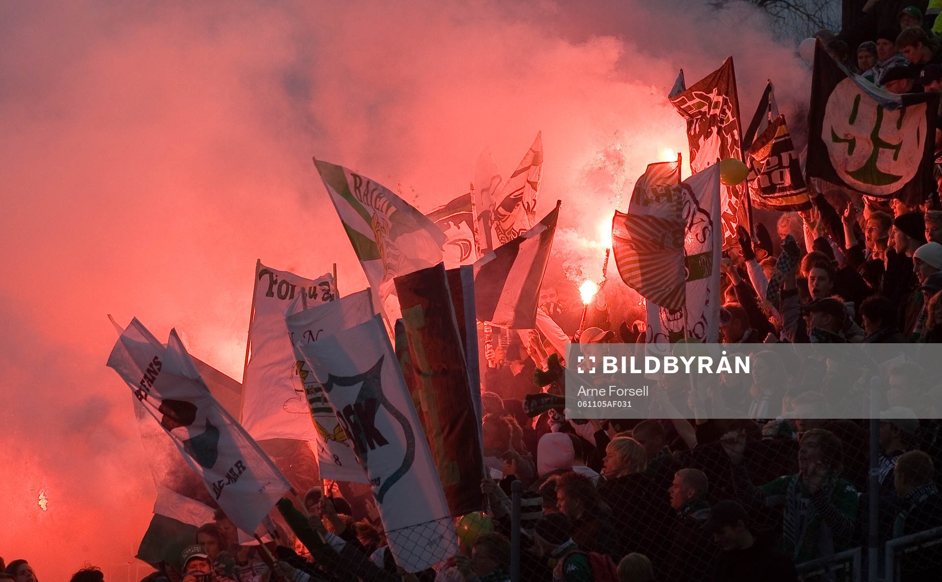 Hammarby-fansen jublar. Fans, supporter, tifo, bengalisk