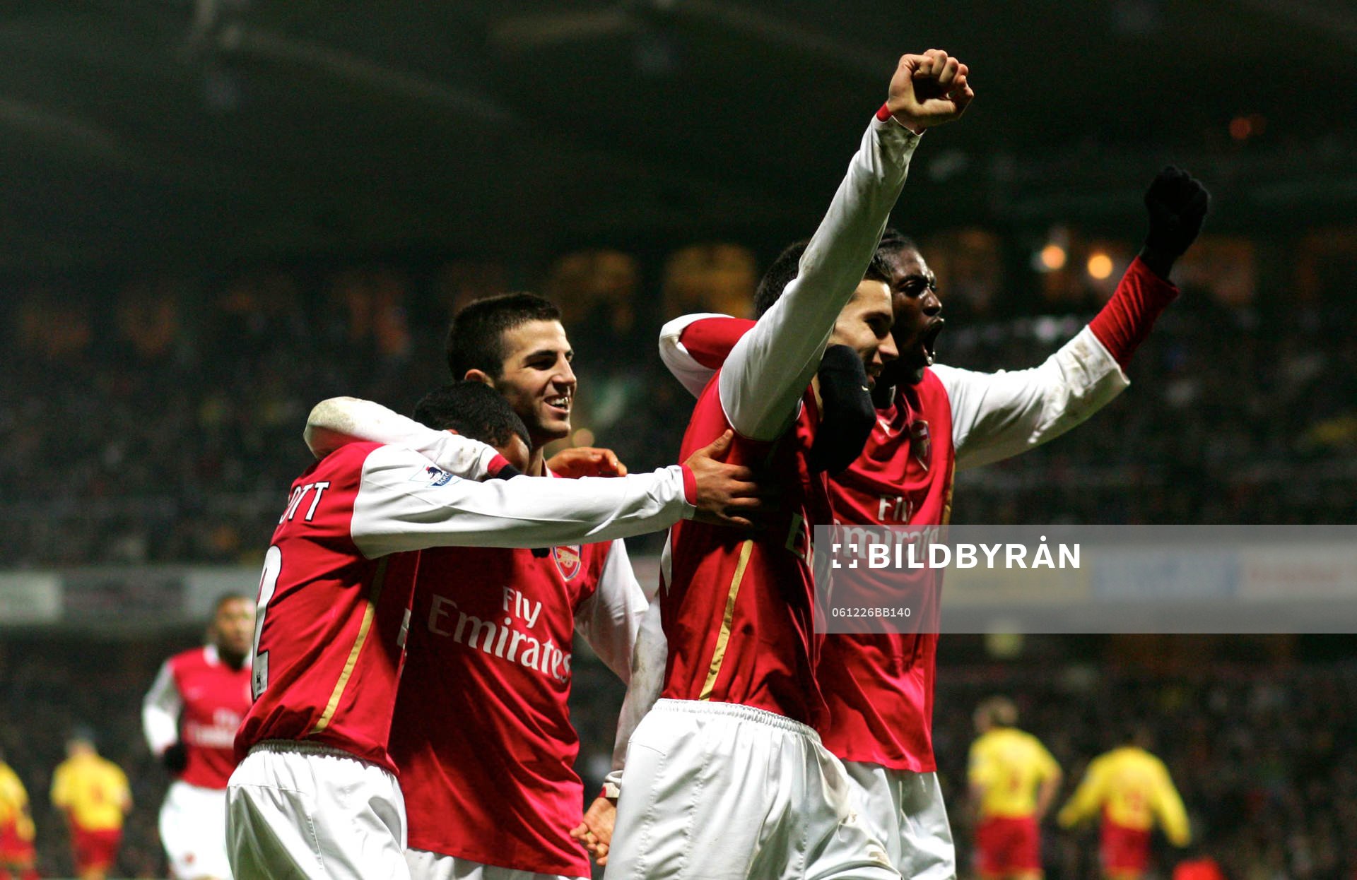  Robin Van Persie, Theo Walcott, Cesc Fabregas och Emmanuel Adebayor, Arsenal, jubel, glädje