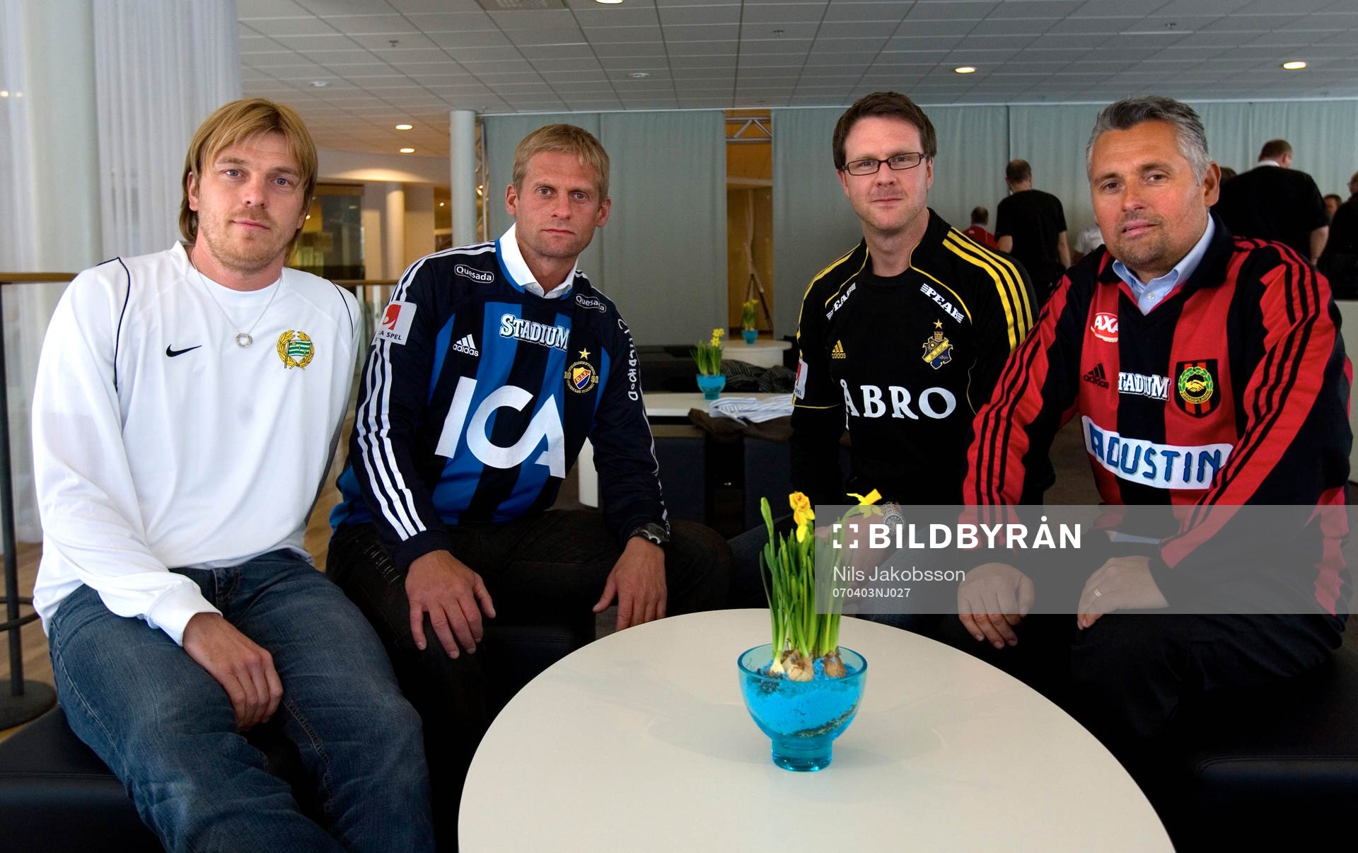   Tony Gustafsson, tränare, Hammarby, Sigge Jonsson, tränare, Djurgården, Rikard Norling, tränare, AIK, Claes Eriksson, tränare Brommapojkarna.
