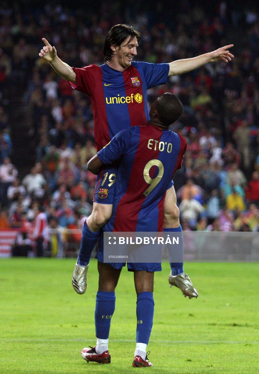 fotboll, Spansk, la liga, Barcelona; Samuel Eto'o, Lionel Messi, jubel