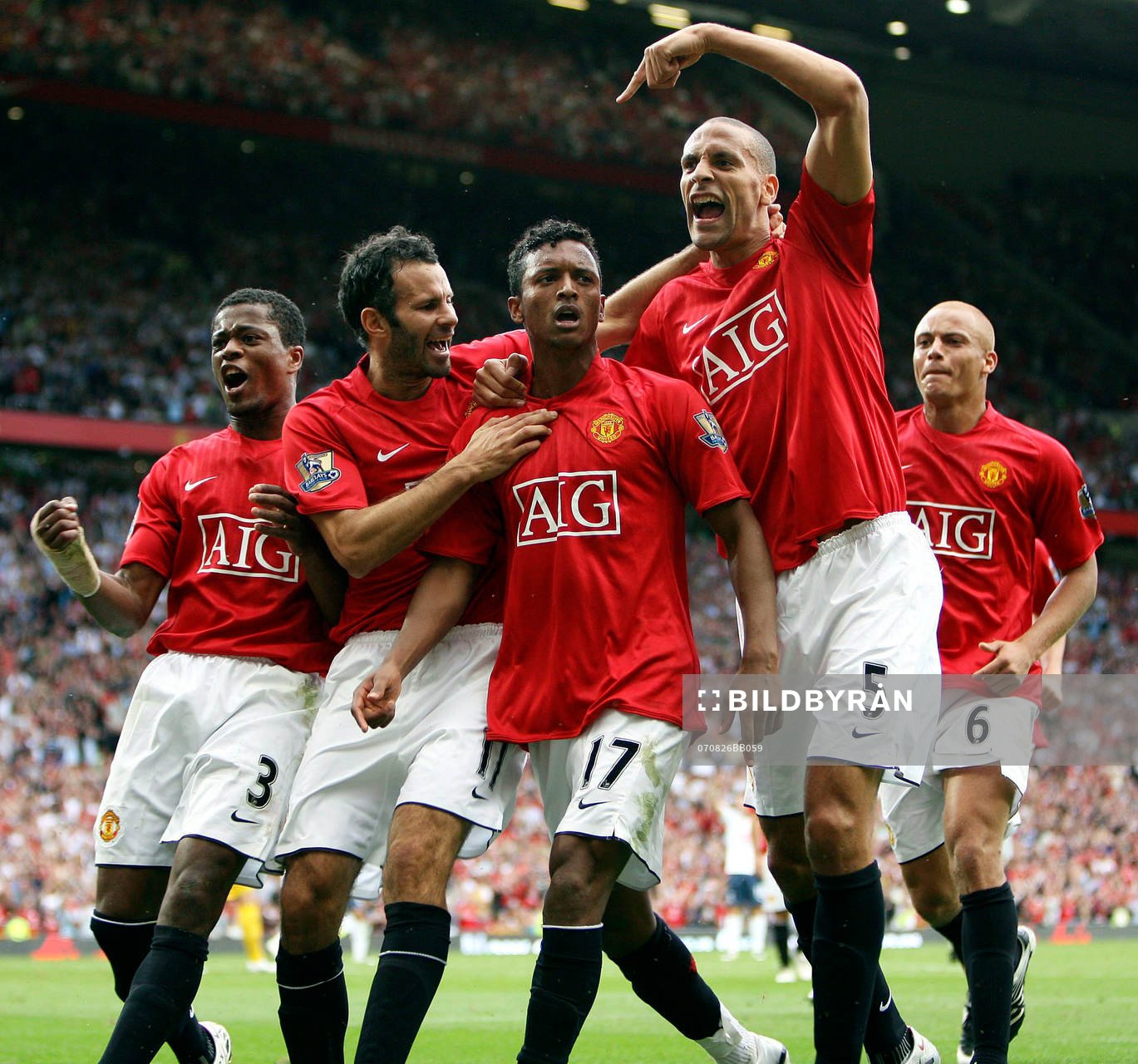  Luis Nani, Patrice Evra, Ryan Riggs, Rio Ferdinand och Wes Brown, jubel.