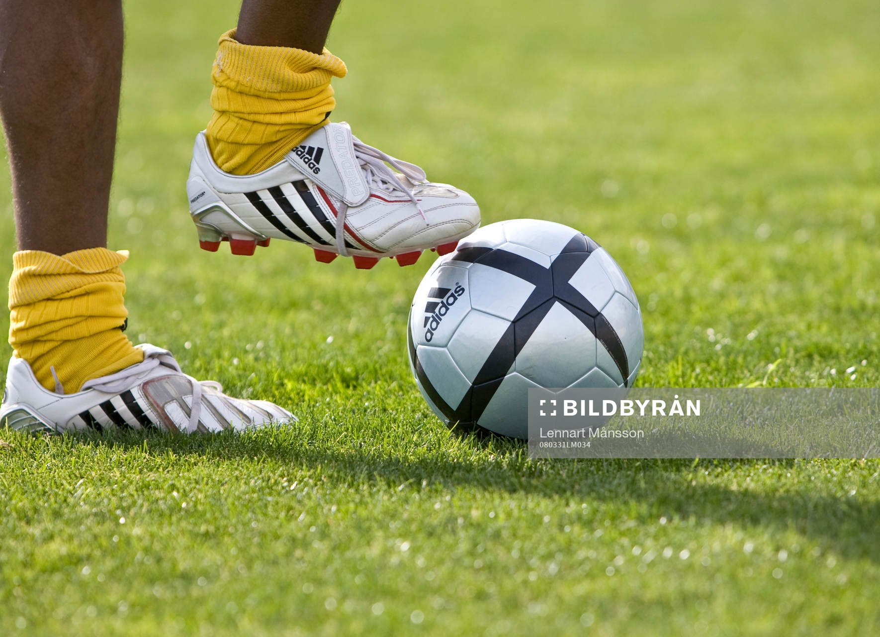   Fot, boll, gräsmatta, fotbollsskor, Adidas. Genre.