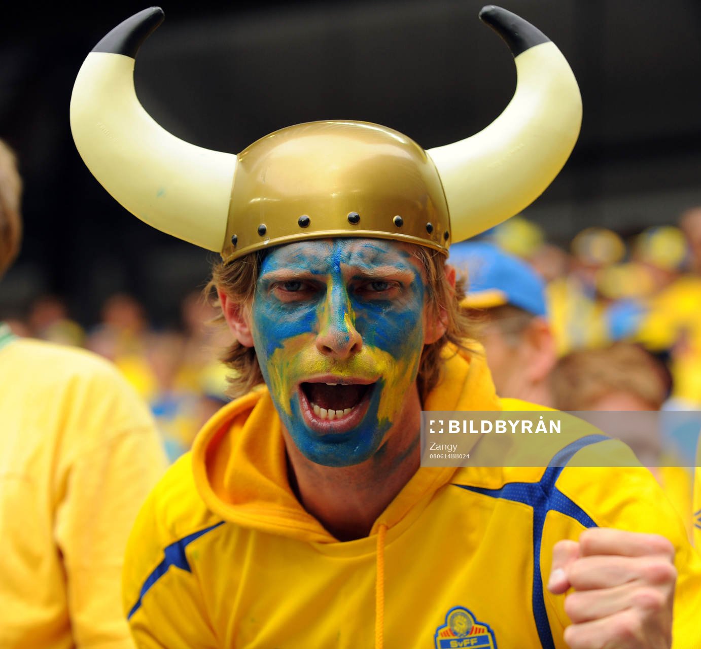 Fan, supporter, viking, ansiktsmålning, horn, hjälm
