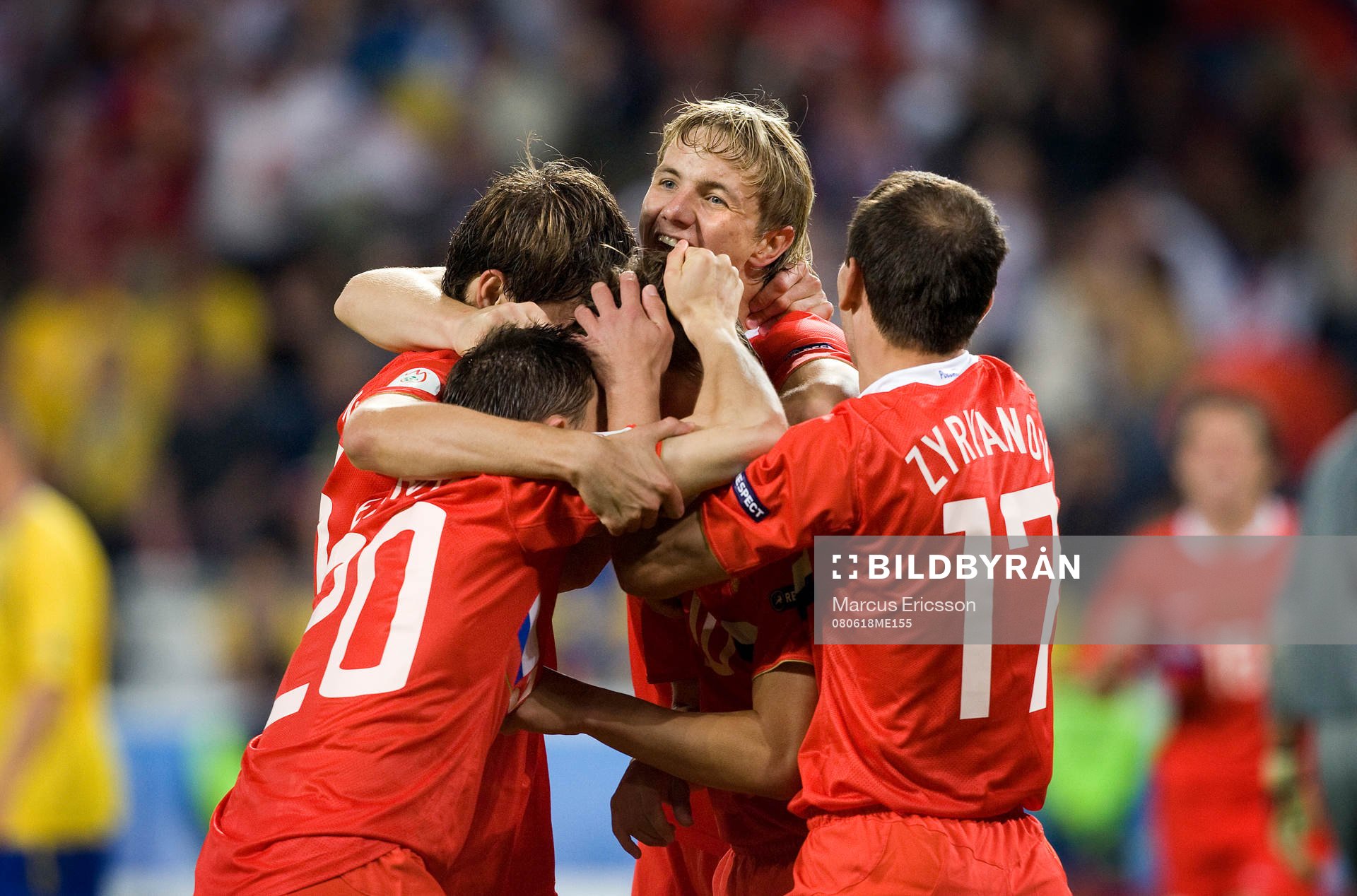  Igor Semshov, Roman Pavlyuchenko, Andrei Arshavin, och Konstantin Zyryanov, Ryssland, jubel tillsammans