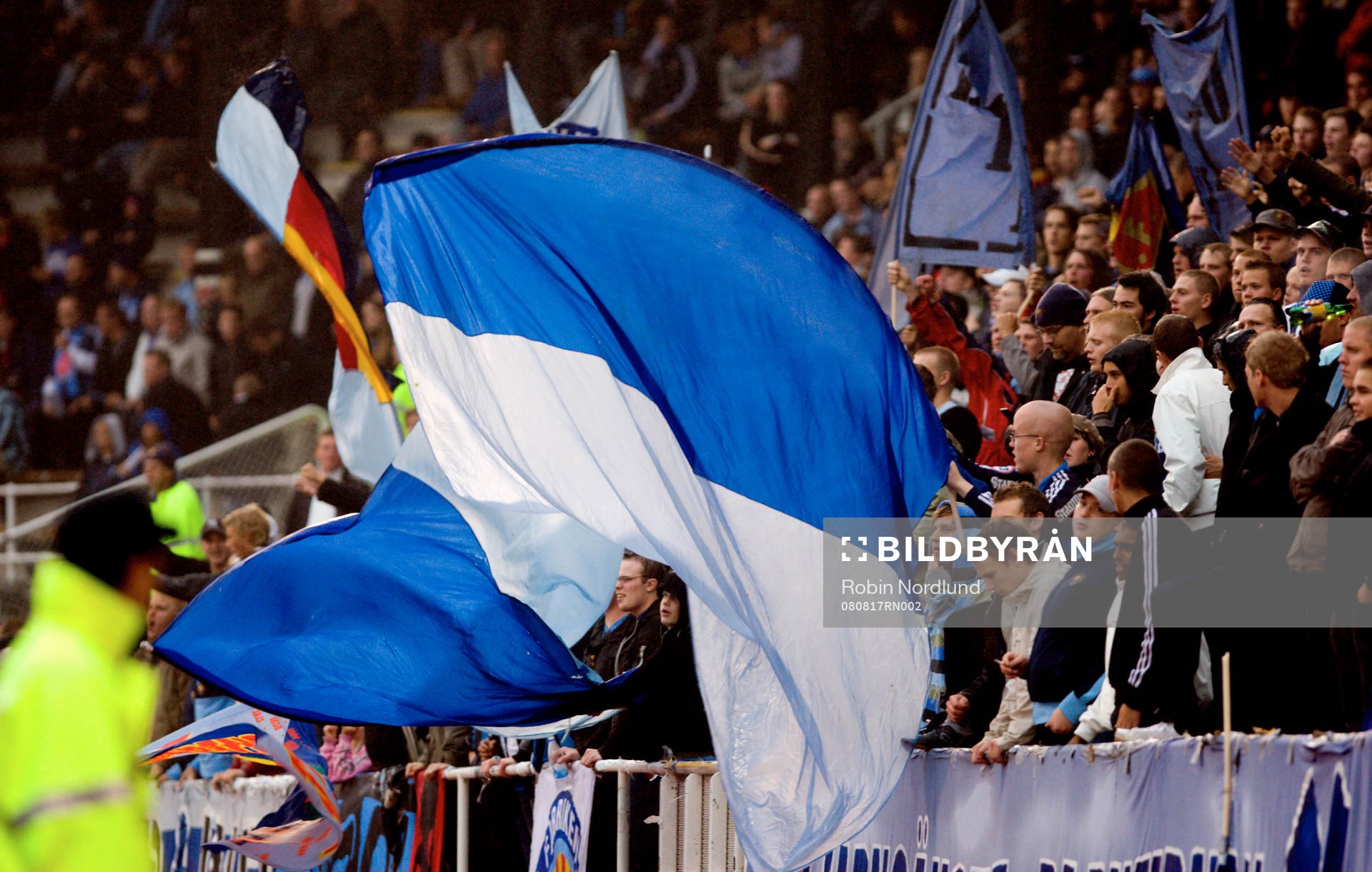 Jubel Djurgården. Fans, supporter, flagga, publik