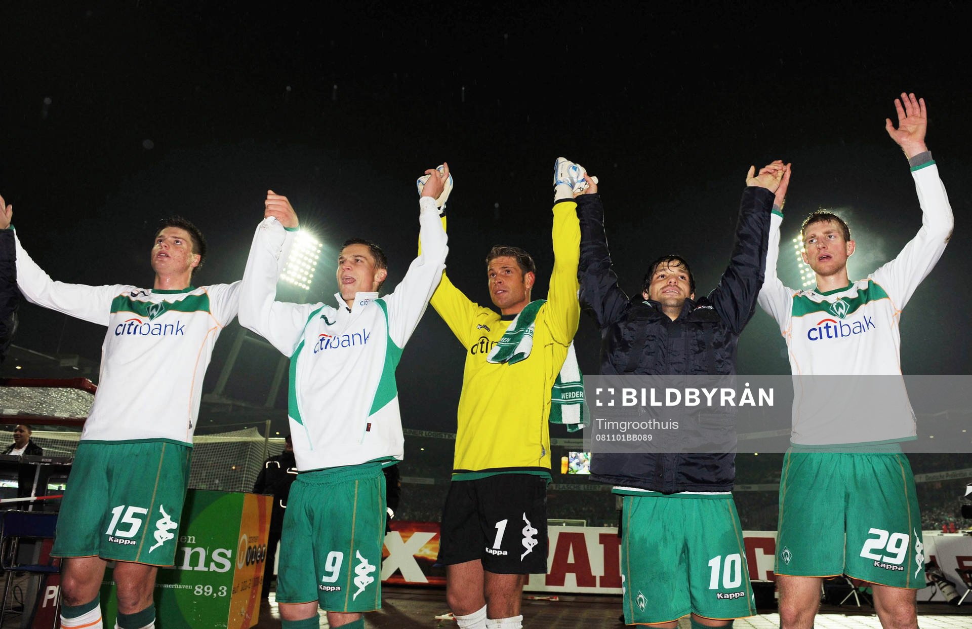  Sebastian Proedl, Markus Rosenberg, Tim Wiese, målvakt, Diego och Per Mertesacker, Bremen, jubel.