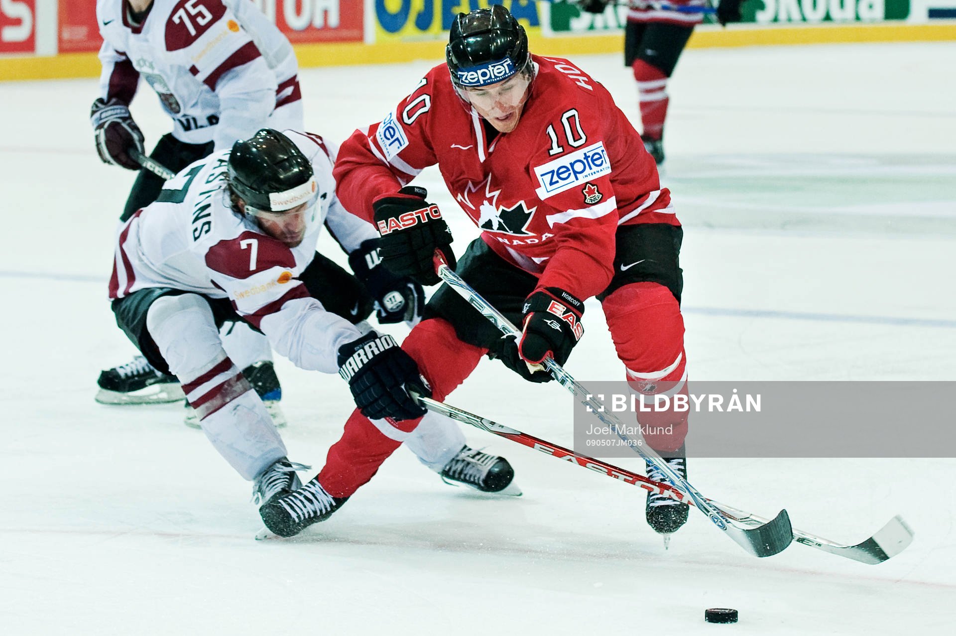 Shawn Horcoff, Kanada, tar sig förbi Karlis Skrastins,