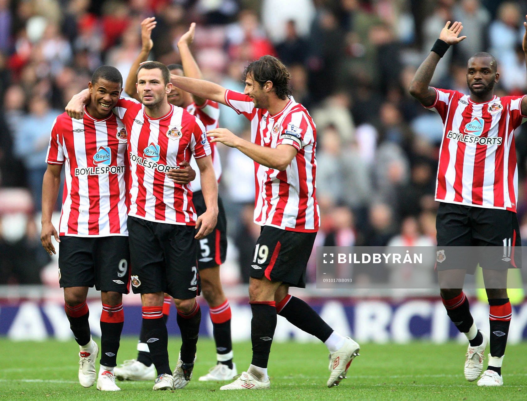  Fraizer Campbell, Phillip Bardsley, Lorik Cana och Darren Bent. Sunderland, glädje, jubel.
