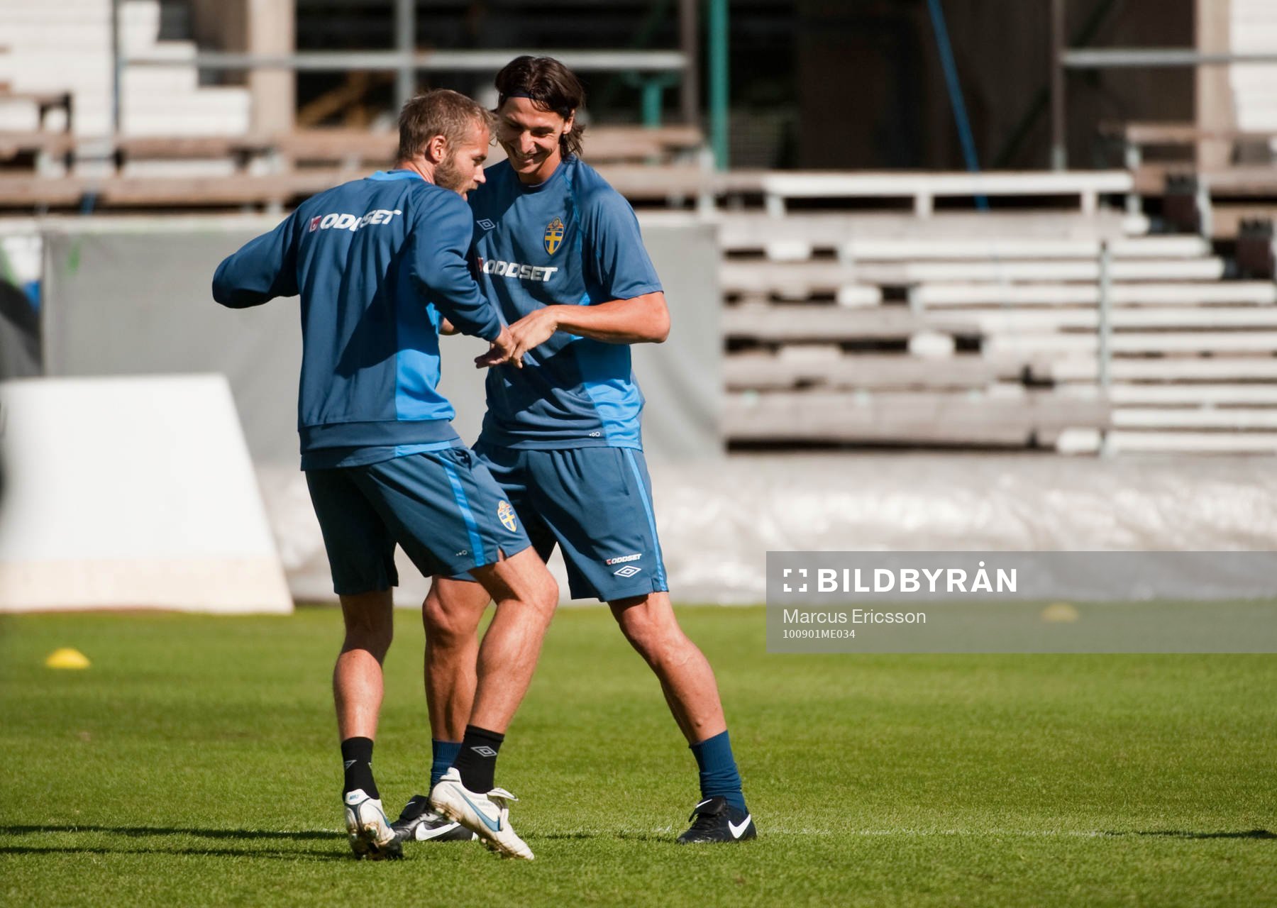 Olof Mellberg och Zlatan Ibrahimovic hoppar omkring