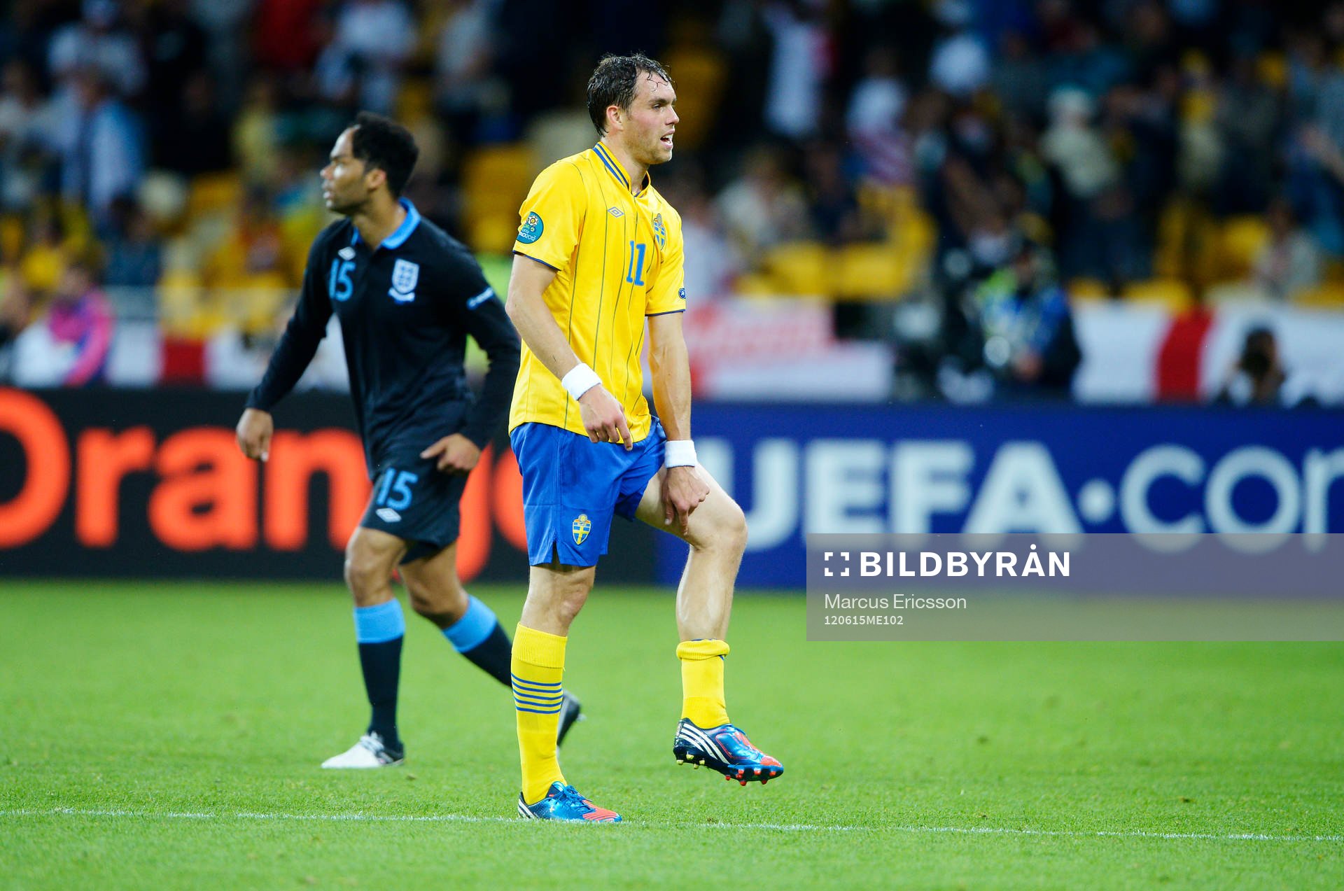 Johan Elmander, Sverige, går av planen och visar att han