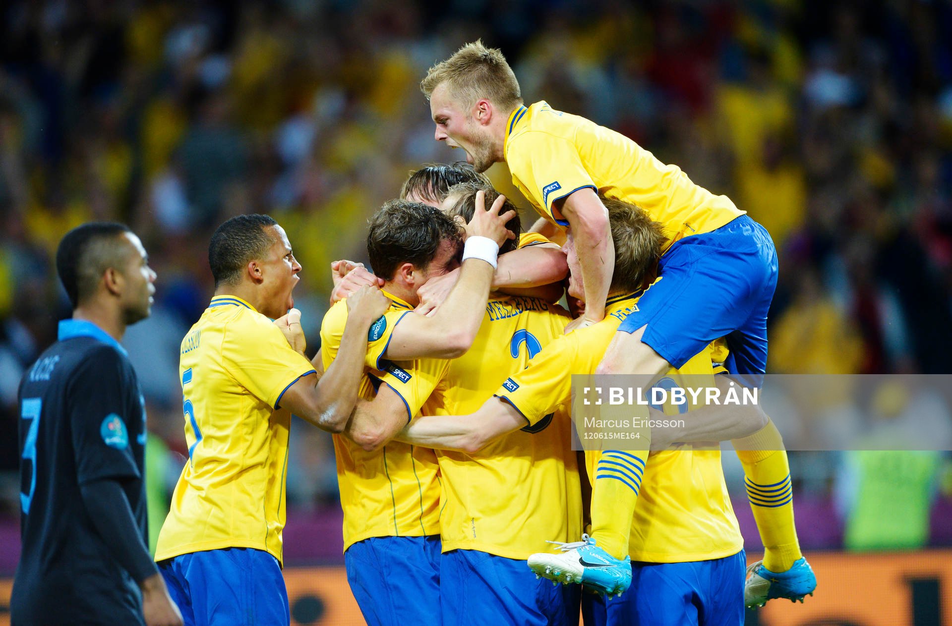  Svenskt jubel efter 2-1-målet. Sebastian Larsson, Sverige, är längst upp på högen av spelare.