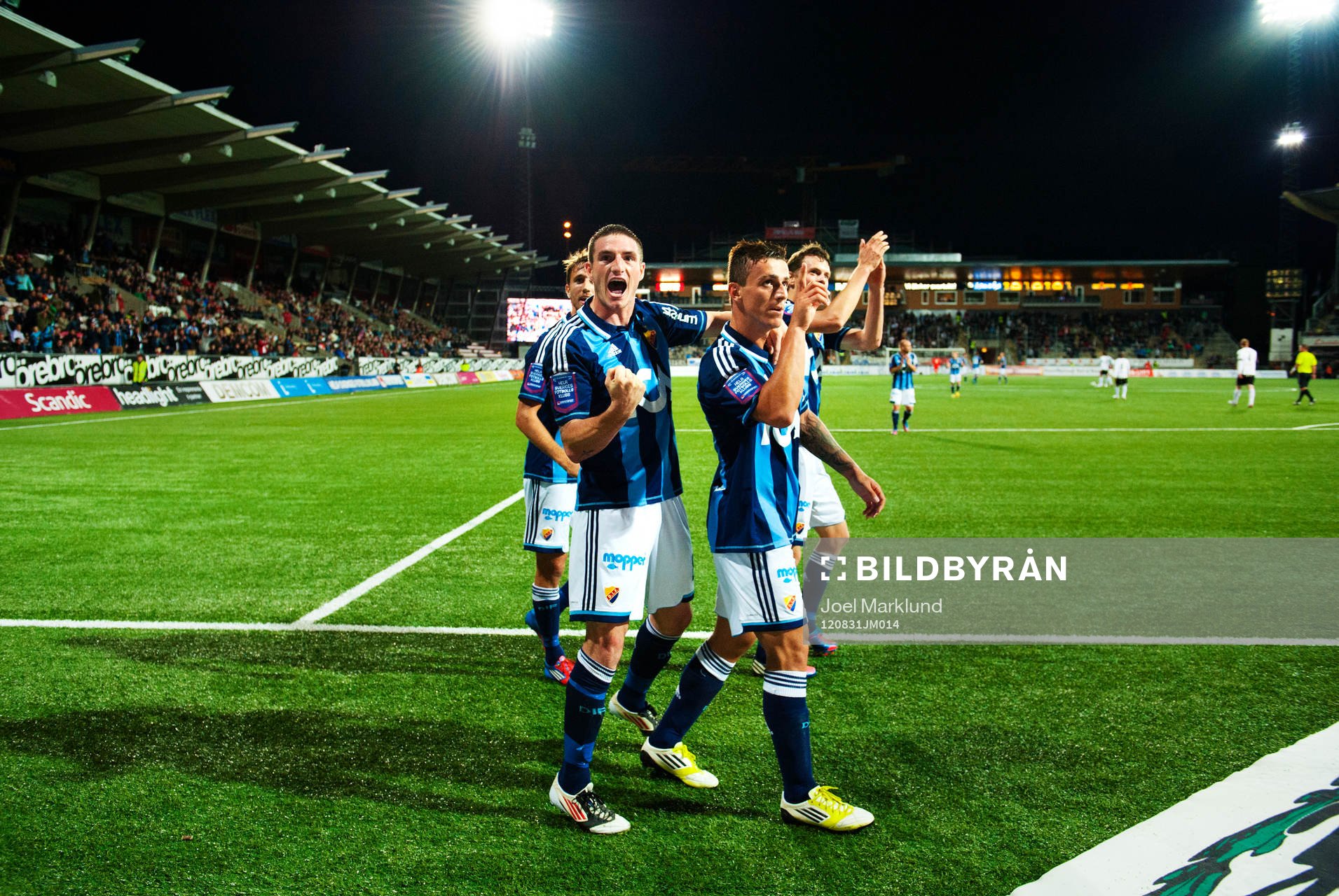 Fotboll, Allsvenskan, Örebro - Djurgården: Philip Hellquist, James Keene, Erton Fejzullahu och Kasper Hämäläinen, Djurgården, jublar efter 2-3-målet.