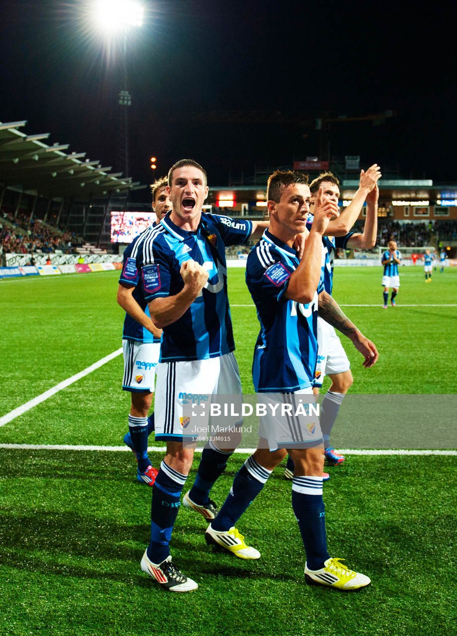 Fotboll, Allsvenskan, Örebro - Djurgården: Philip Hellquist, James Keene, Erton Fejzullahu och Kasper Hämäläinen, Djurgården, jublar efter 2-3-målet.