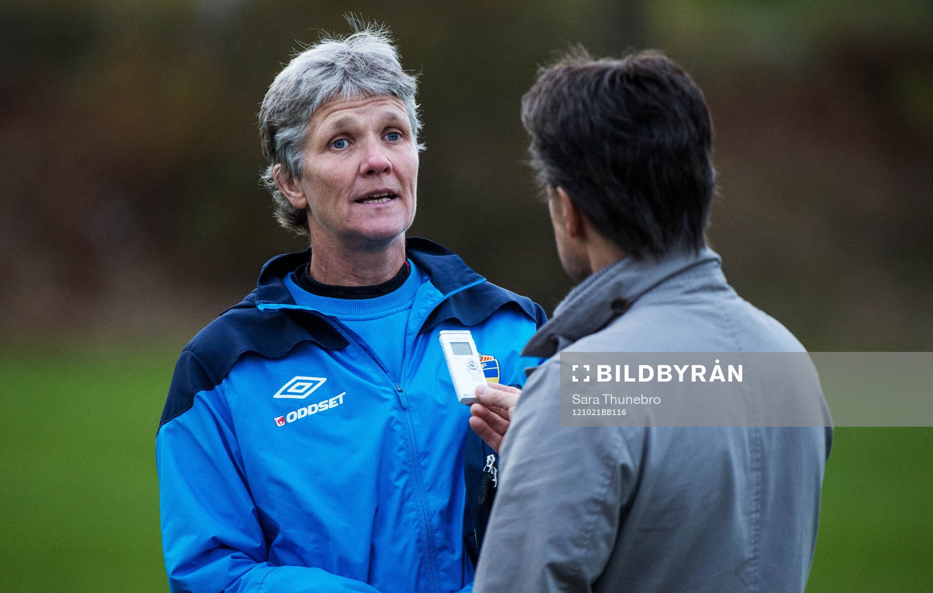 Pia Sundhage, förbundskapten Sverige, intervjuas