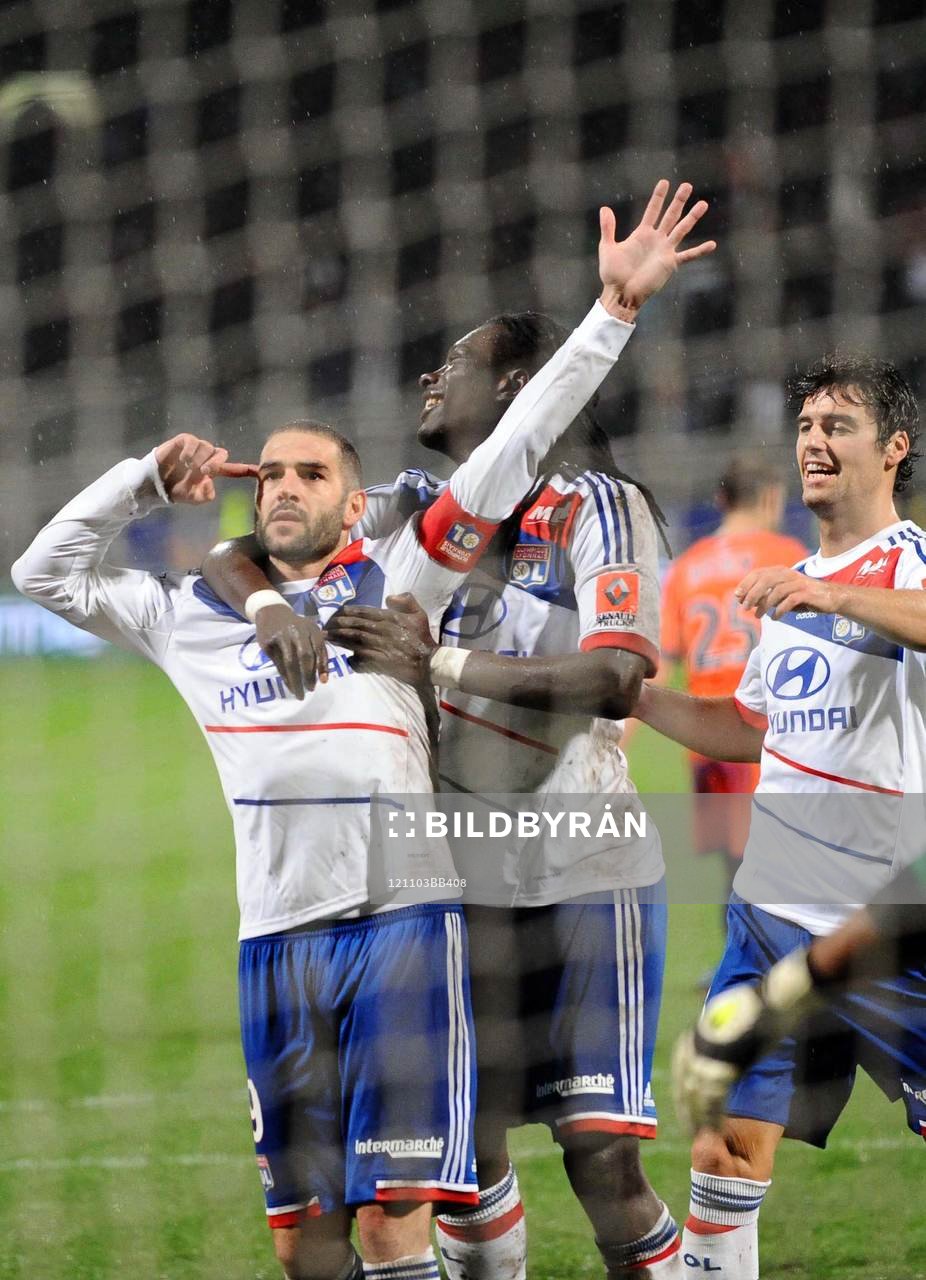 Fotboll, Ligue 1, Lyon - Bastia: Joie Lisandro LOPEZ / Bafetimbi GOMIS / Yoann GOURCUFF - 04.11.2012 - Lyon / Bastia - 11 eme journee de Ligue 1