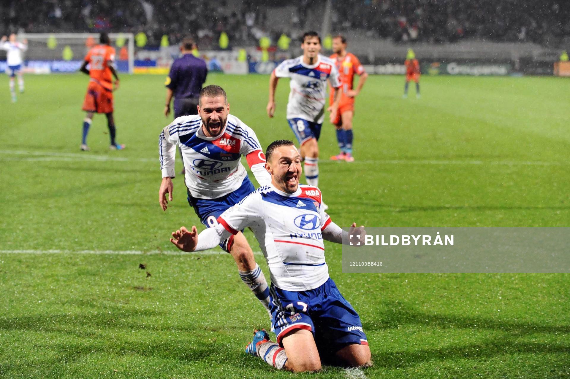 Fotboll, Ligue 1, Lyon - Bastia: Joie Lisandro LOPEZ / Steed MALBRANQUE - 04.11.2012 - Lyon / Bastia - 11 eme journee de Ligue 1
