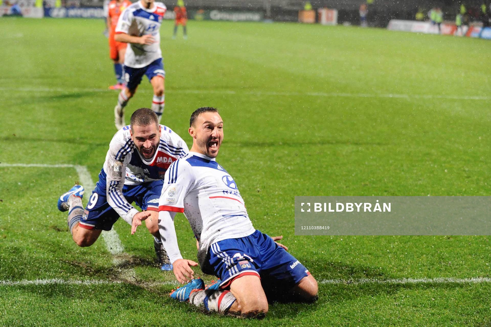 Fotboll, Ligue 1, Lyon - Bastia: Joie Lisandro LOPEZ / Steed MALBRANQUE - 04.11.2012 - Lyon / Bastia - 11 eme journee de Ligue 1