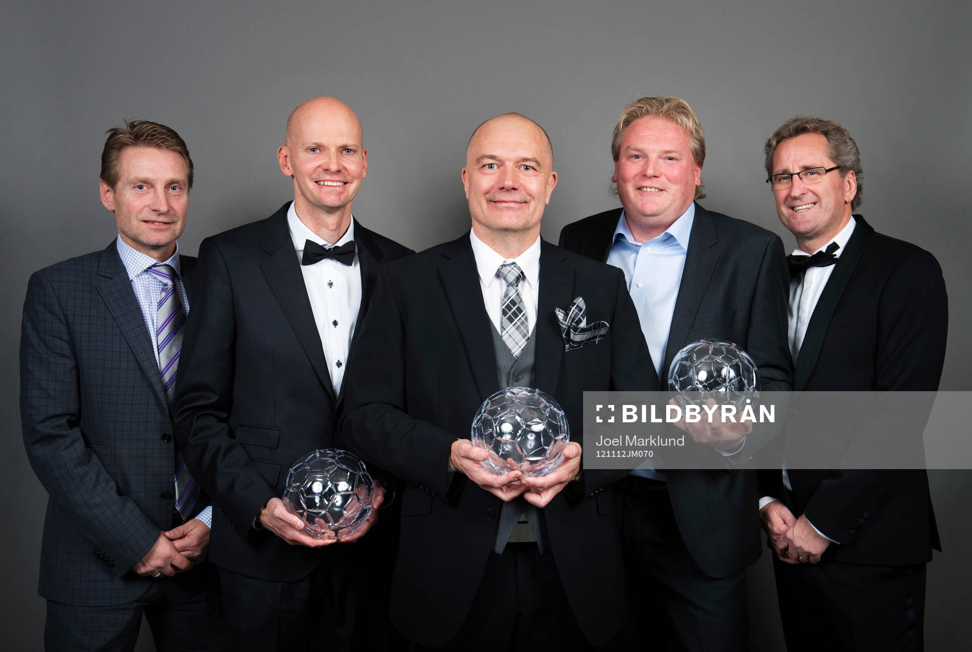 Fotboll, Fotbollsgalan 2012: Årets tränare, Thomas Dennerby, prisutdelare, Thomas Mårtensson och Ulf Palmquist, Vittsjö GIK, Jörgen Lennartsson, Elfsborg, och Erik Hamrén, prisutdelare.