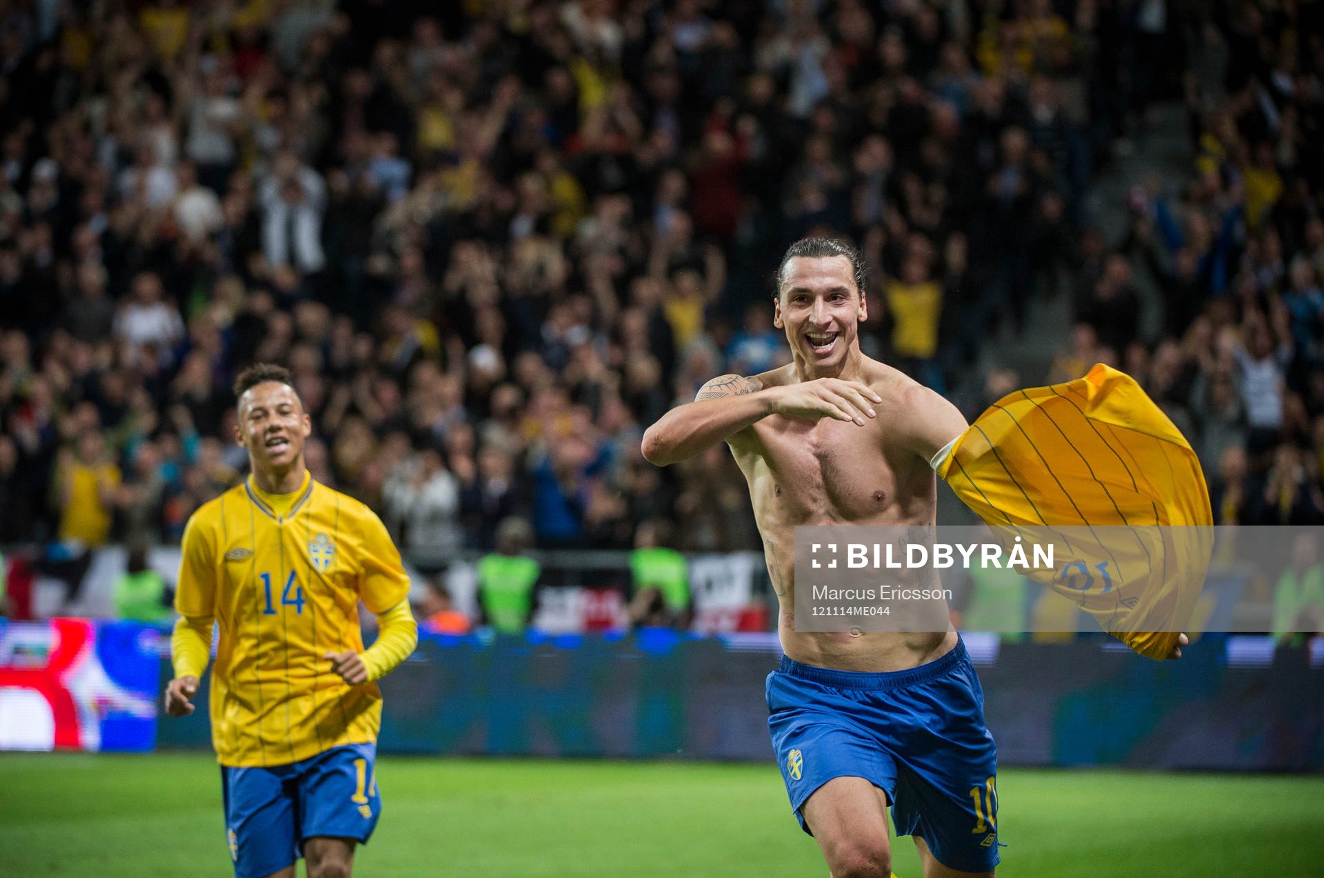 Zlatan Ibrahimovic sliter av sig tröjan i jubel
