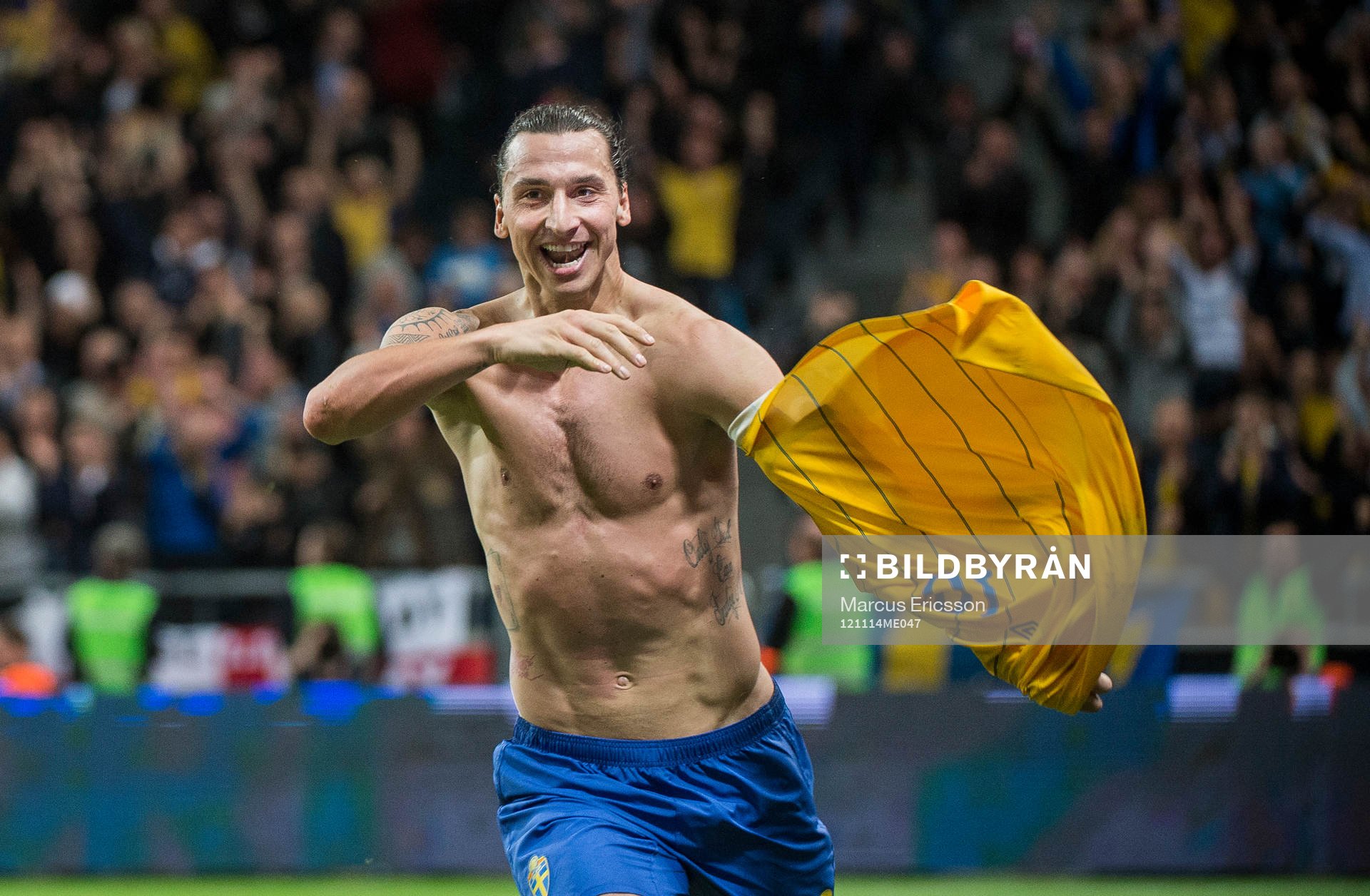 Zlatan Ibrahimovic sliter av sig tröjan i jubel