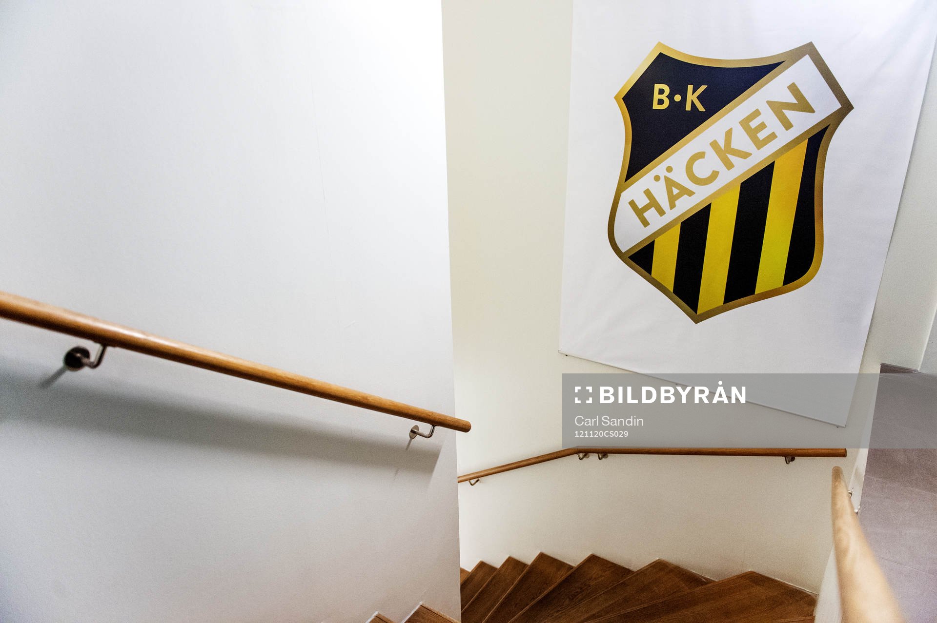 Häckens nya klubbmärke sittandes i trappan till