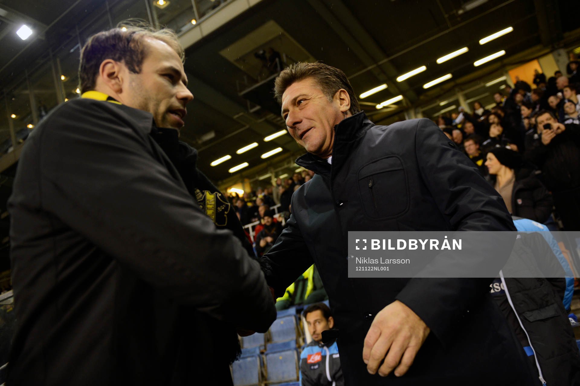 Fotboll, Europa League, AIK - Napoli: Andreas Alm, tränare AIK och Walter Mazzarri, tränare Napoli