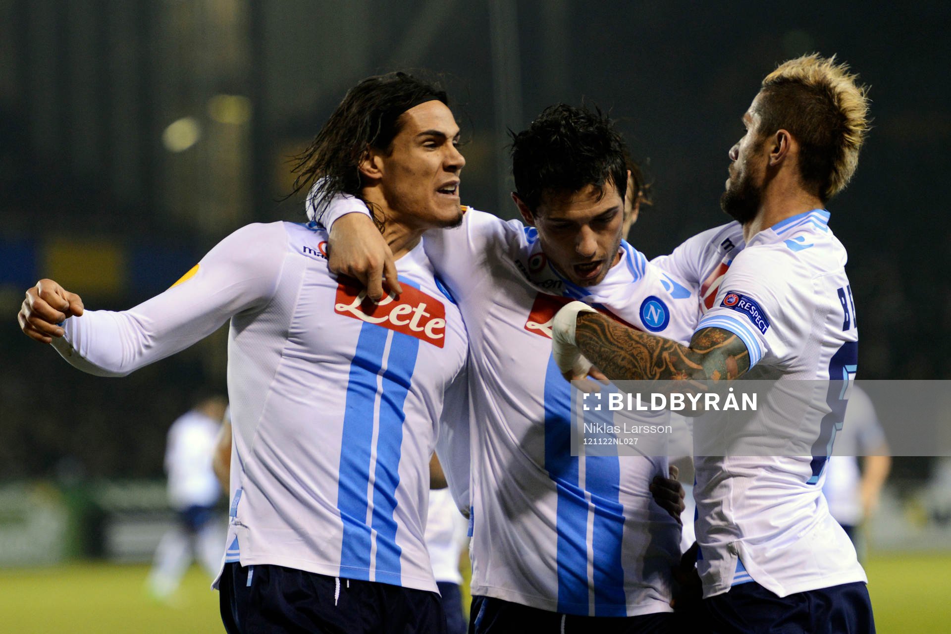 Fotboll, Europa League, AIK - Napoli: Jubel efter 1-2 av Edinson Cavani, Napoli