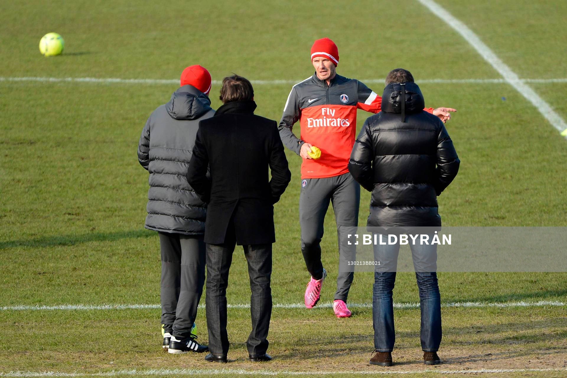  Fotboll, David Beckham tränar med Paris Saint Germain: Carlo ANCELOTTI / LEONARDO / David BECKHAM - 13.02.2013 - Premier Entrainement de David Beckham au Paris Saint Germain -Camps des loges 