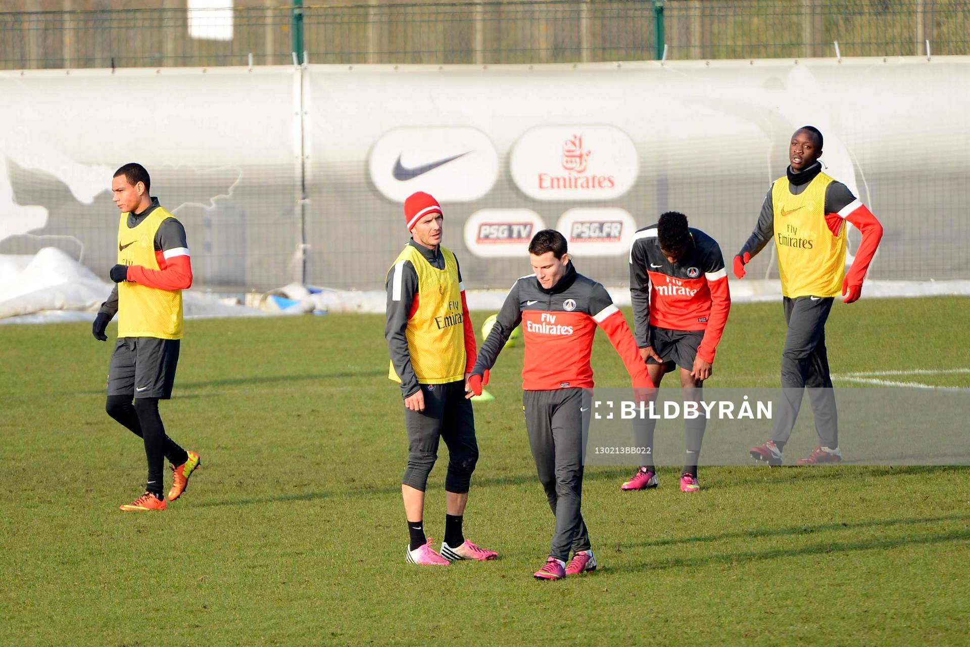  Fotboll, David Beckham tränar med Paris Saint Germain: David BECKHAM / Kevin GAMEIRO - 13.02.2013 - Premier Entrainement de David Beckham au Paris Saint Germain -Camps des loges 