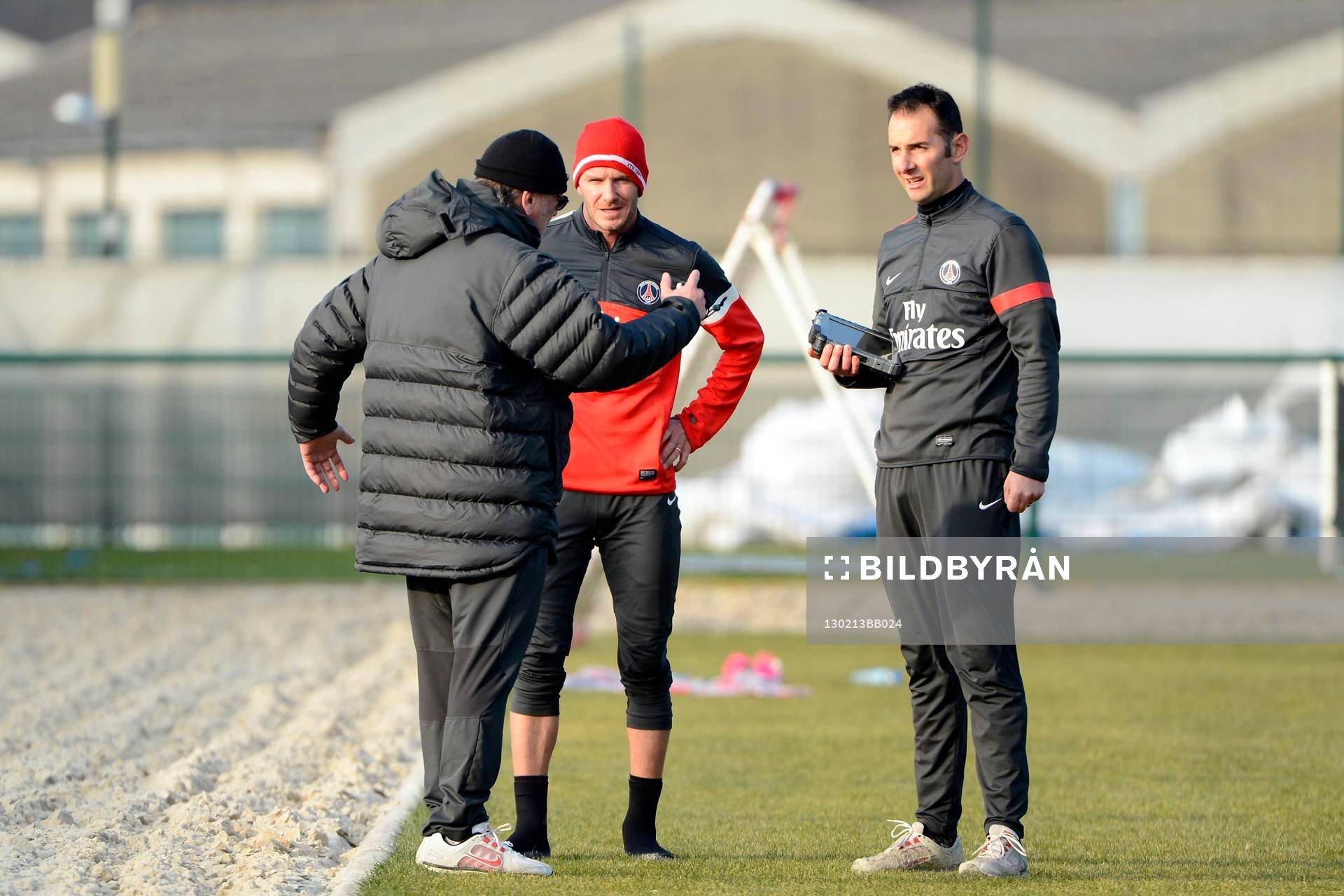 Fotboll, David Beckham tränar med Paris Saint Germain: David BECKHAM / Giovanni MAURI - 13.02.2013 - Premier Entrainement de David Beckham au Paris Saint Germain -Camps des loges