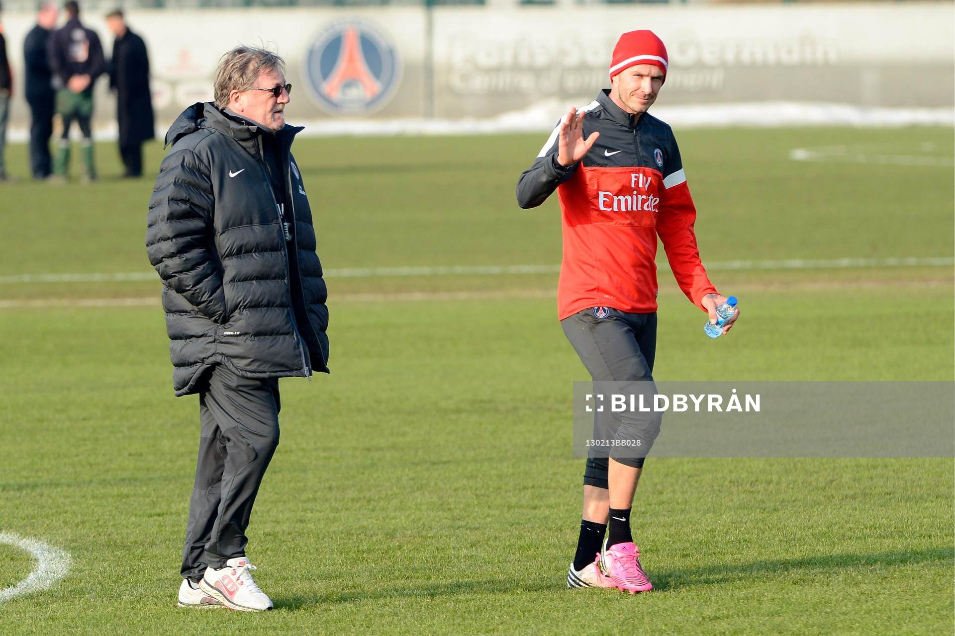 Fotboll, David Beckham tränar med Paris Saint Germain: David BECKHAM / Giovanni MAURI - 13.02.2013 - Premier Entrainement de David Beckham au Paris Saint Germain -Camps des loges