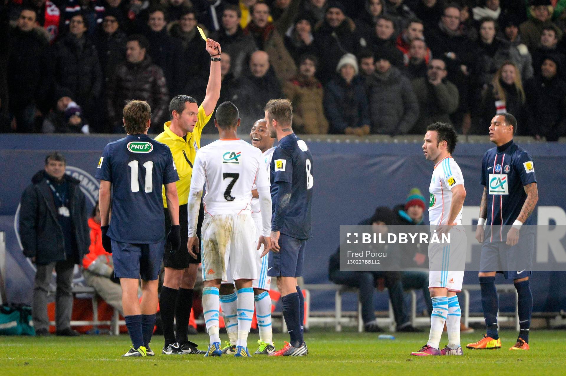 Fotboll, Franska Cupen, Paris SG - Marseille: Altercation Jordan AYEW / David BECKHAM - 27.02.2013 - Paris Saint Germain / Marseille - 1/8Finale Coupe de France