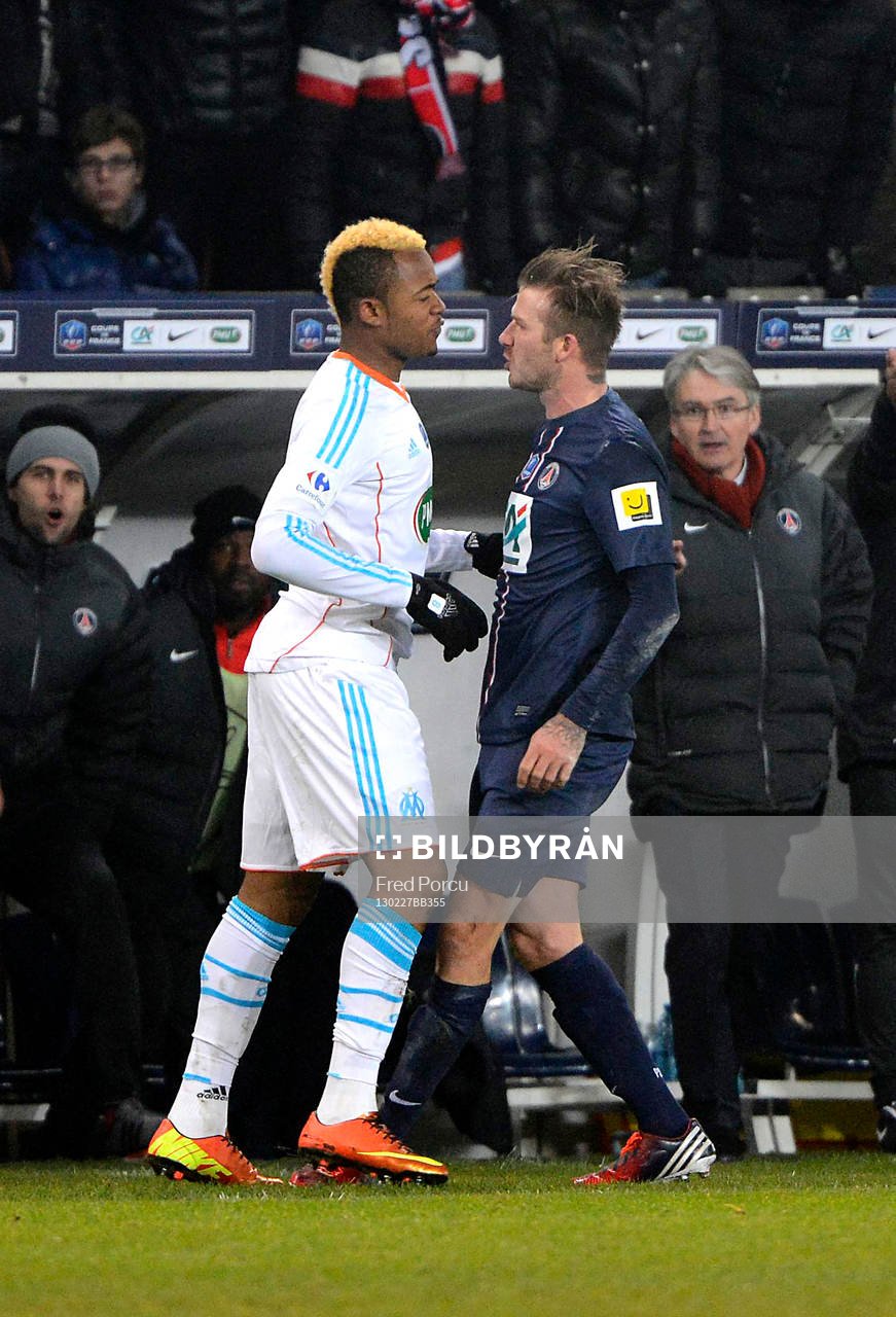 Fotboll, Franska Cupen, Paris SG - Marseille: Altercation Jordan AYEW / David BECKHAM - 27.02.2013 - Paris Saint Germain / Marseille - 1/8Finale Coupe de France
