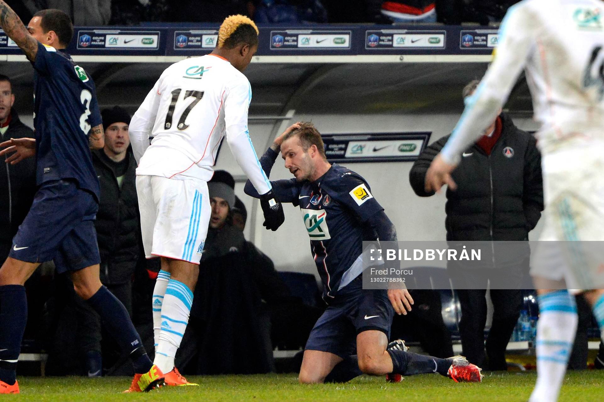 Fotboll, Franska Cupen, Paris SG - Marseille: Altercation Jordan AYEW / David BECKHAM (se recoiffe) - 27.02.2013 - Paris Saint Germain / Marseille - 1/8 Finale Coupe de France