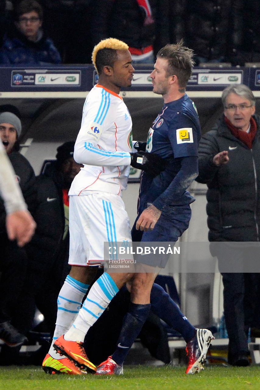 Fotboll, Franska Cupen, Paris SG - Marseille: Altercation Jordan AYEW / David BECKHAM - 27.02.2013 - Paris Saint Germain / Marseille - 1/8 Finale Coupe de France