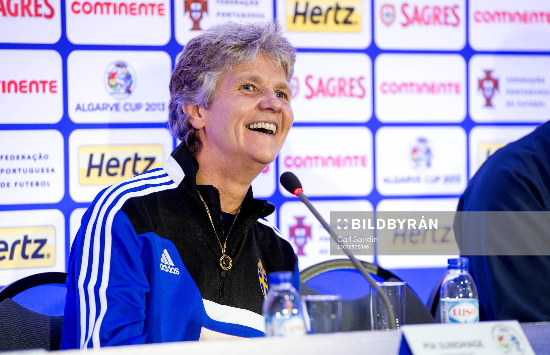 Fotboll, Damlandslaget, Algarve Cup, Presskonferens: Pia Sundhage, förbundskapten, Sverige.