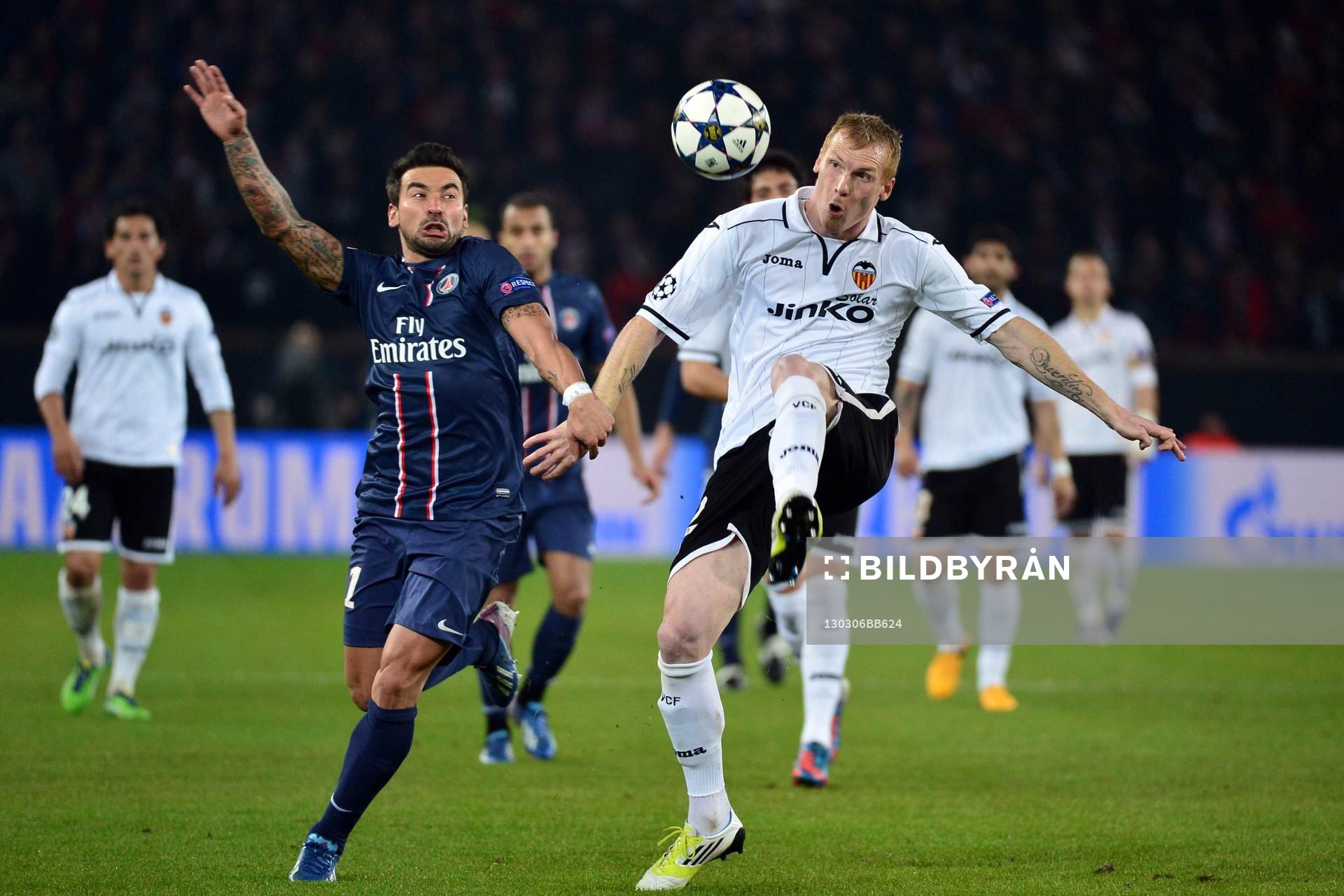  Fotboll, Champions League, PSG - Valencia: Ezequiel LAVEZZI / Jeremy MATHIEU - 06.03.2013 - Paris Saint Germain / Valence - 1/8 Finale retour Champions League